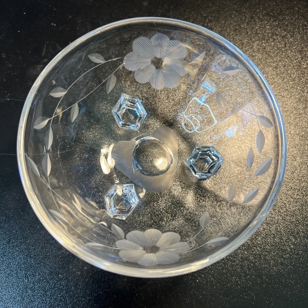 Vintage Footed Clear‎ Glass Etched Bowl Floral